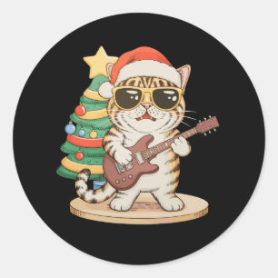 Pegatina Redonda Gato de Navidad tocando guitarra Rock Jazz Sombrer