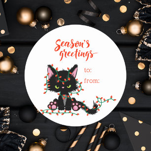 Pegatina Redonda Gato de Navidades a regalo de vacaciones