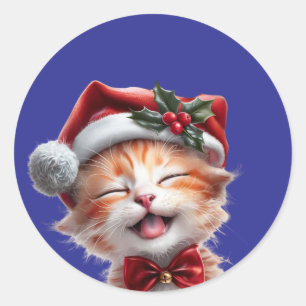 Pegatina Redonda Gato de Navidades cortos con Santa Hat y Bow Tie
