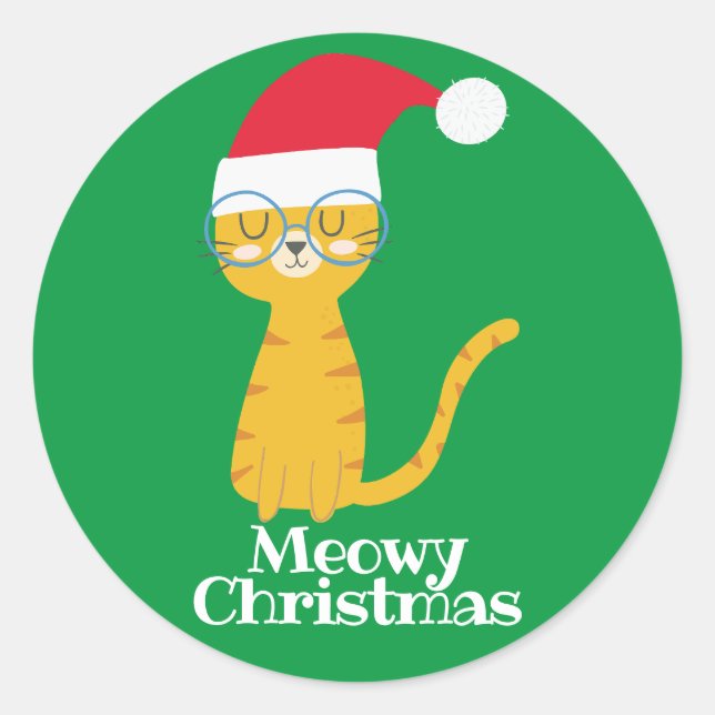 Pegatina Redonda Gato de Navidades divertidos (Anverso)