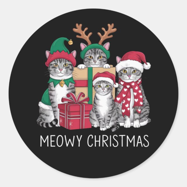 Pegatina Redonda Gato de Navidades Meowy Xmas Graciosos Gatos Amant (Anverso)