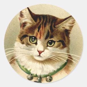 Pegatina Redonda Gato de Navidades Retro Vintage con correas