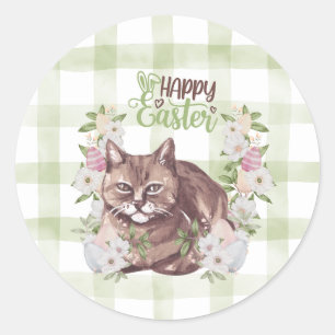Pegatina Redonda Gato de Pascua de Gingham Feliz