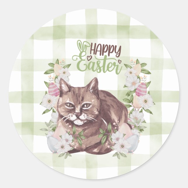 Pegatina Redonda Gato de Pascua de Gingham Feliz (Anverso)