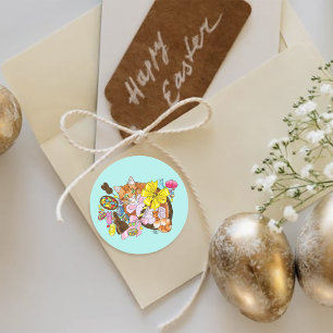 Pegatina Redonda Gato de Pascua Naranja