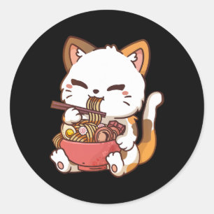 Pegatina Redonda Gato de Ramen Anime Kawaii comiendo Ramen