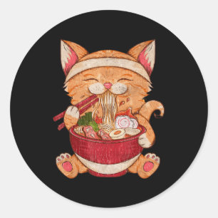 Pegatina Redonda Gato de Ramen de carne japonesa Kawaii Chicas de A