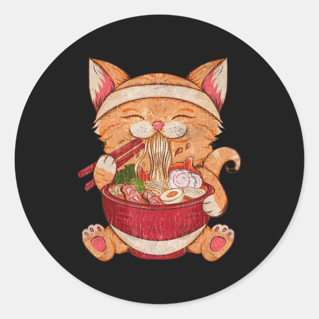 Pegatina Redonda Gato de Ramen de carne japonesa Kawaii Chicas de A (Anverso)