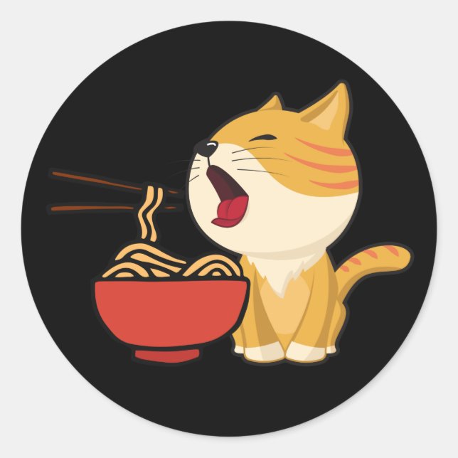 Pegatina Redonda Gato de Ramen, fideos de Ramen, gato japonés de Ra (Anverso)
