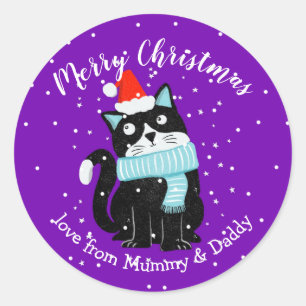 Pegatina Redonda gato de regalo de regalo de Navidad