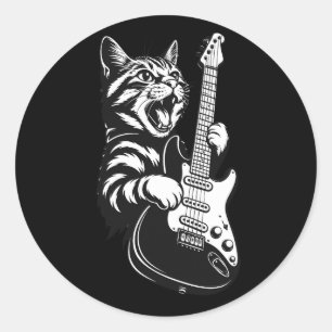 Pegatina Redonda Gato de Roca Tocando Guitarra Eléctrica Amor por