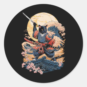Pegatina Redonda Gato de Samurai Anime Ninja