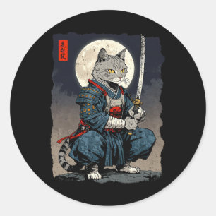 Pegatina Redonda Gato de Samurai Gato japonés luchador contra la lu