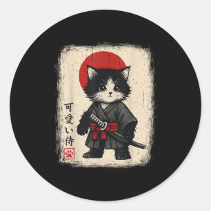 Pegatina Redonda Gato de Samurai Gato japonés Vintage Kawaii Funny