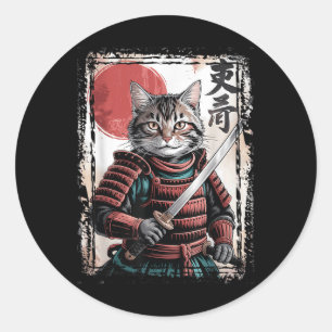 Pegatina Redonda Gato de Samurai Guerrero de Ukiyo Ink Artwork Cat