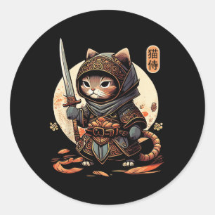 Pegatina Redonda Gato de Samurai Japonés Tattoo Kawaii Ninja Cat