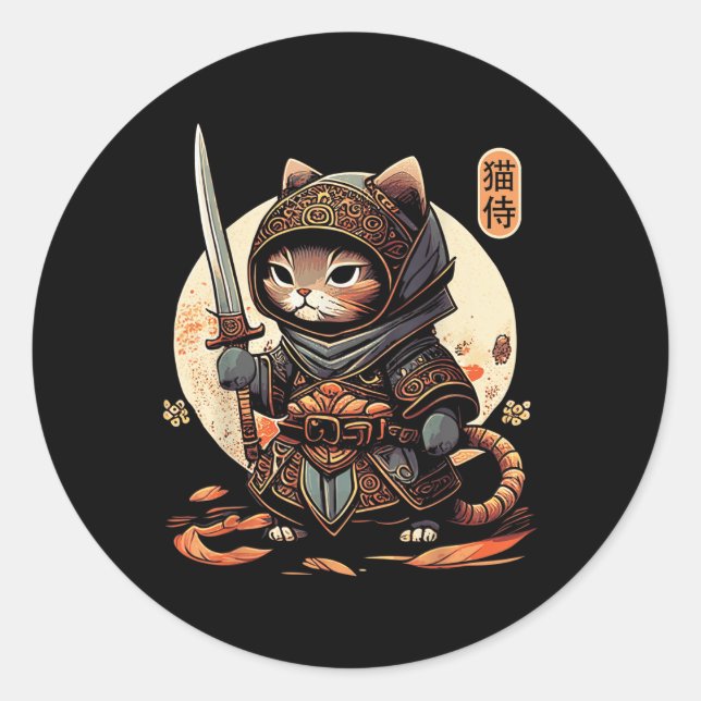 Pegatina Redonda Gato de Samurai Japonés Tattoo Kawaii Ninja Cat (Anverso)