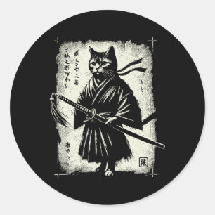 Pegatina Redonda Gato de Samurai Ukiyo-e Guerrero Arte Gráfico Sumi