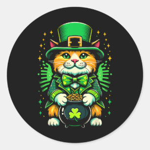 Pegatina Redonda Gato de San Patricio Leprechaun Cat Shamrock irlan