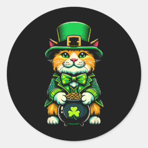 Pegatina Redonda Gato de San Patricio Leprechaun Cat Shamrock irlan