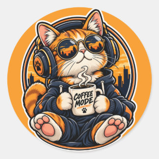 Pegatina Redonda Gato de streetwear genial bebiendo café