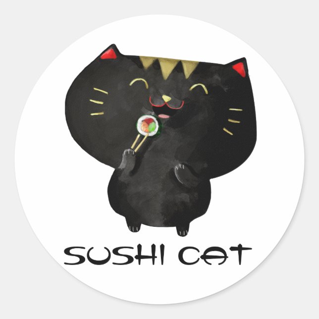 Pegatina Redonda Gato de sushi negro lindo kawaii (Anverso)