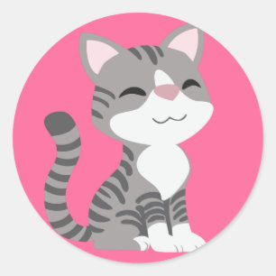 Pegatina Redonda Gato de tabla gris muy sonriente