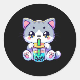 Pegatina Redonda Gato de té de burbuja de Kawaii japonés de gatito 