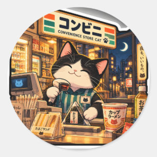 Pegatina Redonda Gato de tienda de conveniencia japonesa brillante 