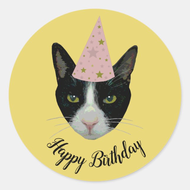 Pegatina Redonda Gato de Tuxedo con Gorra Fiesta (Anverso)