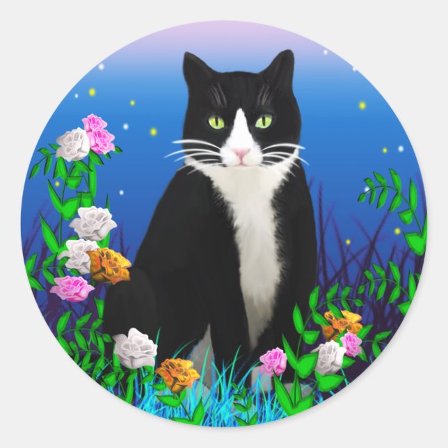 Pegatina Redonda Gato de Tuxedo con Pegatinas de flores (Anverso)