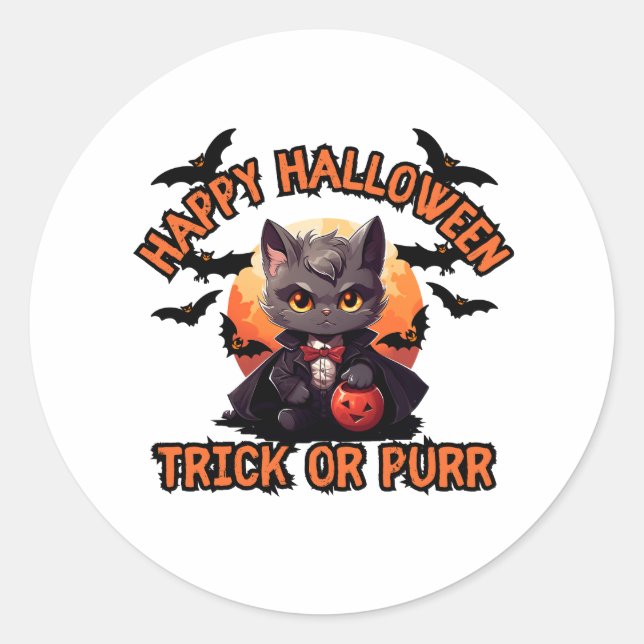 Pegatina Redonda Gato de vampiros Halloween Calabaza Bat Spooky Fes (Anverso)