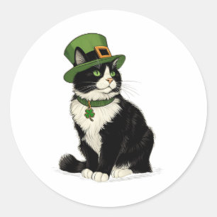 Pegatina Redonda Gato del Día de San Patricios Duende Trébol Gato G