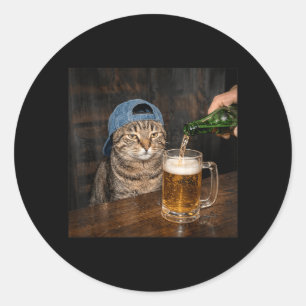 Pegatina Redonda Gato Divertido Bebiendo Cerveza Gorra Gráfica Sin 