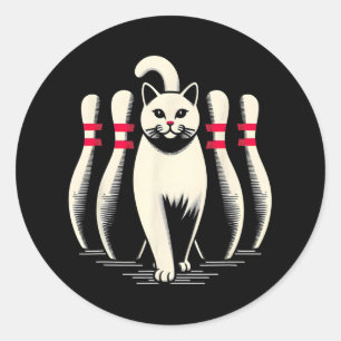 Pegatina Redonda Gato Divertido Blanco Jugando Bolos Retro Vintage 