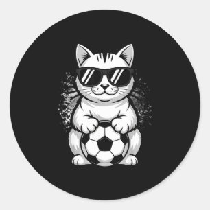 Pegatina Redonda Gato divertido con gafas de sol jugando fútbol