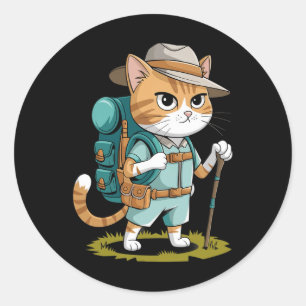 Pegatina Redonda Gato Divertido Con Mochila De Senderismo Gato De A