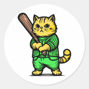 Pegatina Redonda Gato divertido de béisbol