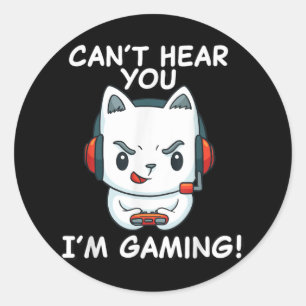 Pegatina Redonda Gato divertido de gamer con audífonos no te puede