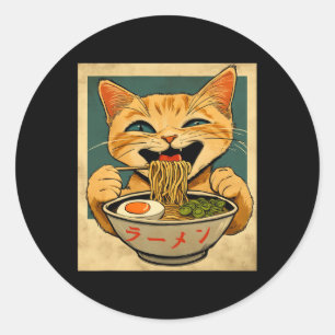 Pegatina Redonda Gato divertido de jengibre Ramen japonés Kawaii An