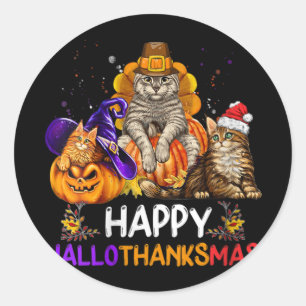 Pegatina Redonda Gato divertido de las mujeres Feliz Hallothanksmas