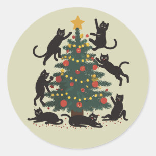 Pegatina Redonda Gato divertido de Navidad amante de los gatos Feli