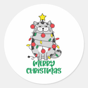 Pegatina Redonda Gato divertido de Navidad primer plano