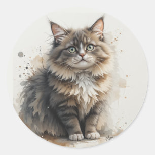 Pegatina Redonda Gato divertido de pelo largo atigrado Mascota Anim