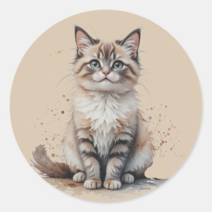 Pegatina Redonda Gato divertido de pelo largo y atigrado Mascota An