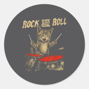 Pegatina Redonda Gato Divertido De Rock And Roll Tocando Tambor Par