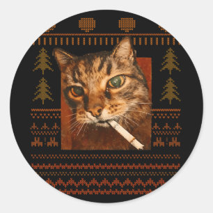 Pegatina Redonda Gato Divertido Fumando Meme Navidad Feo Para Hombr