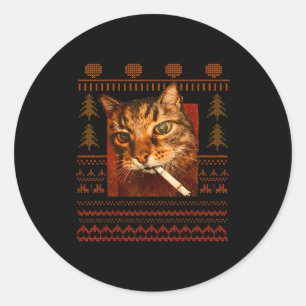 Pegatina Redonda Gato Divertido Fumando Meme Navidad Feo Para Hombr