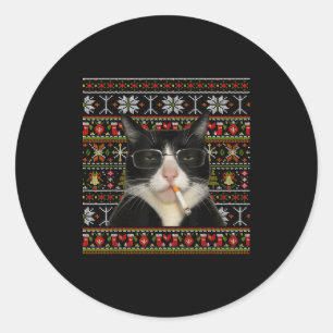 Pegatina Redonda Gato Divertido Fumando Meme Navidad Suéter Feo Gat