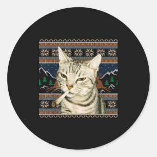 Pegatina Redonda Gato Divertido Fumando Meme Navidad Suéter Feo Gat